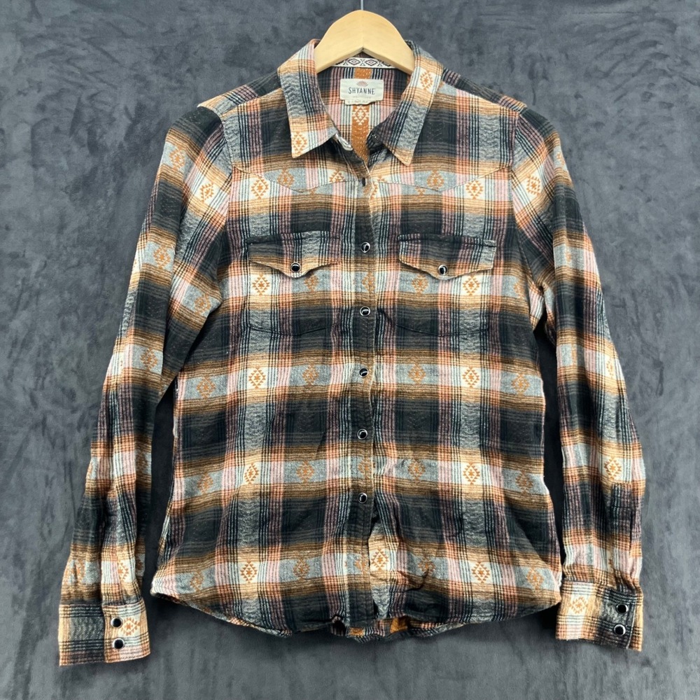 Shyanne Life Womens Small Plaid Western Snap Flannel Shirt Orange Black Cotton